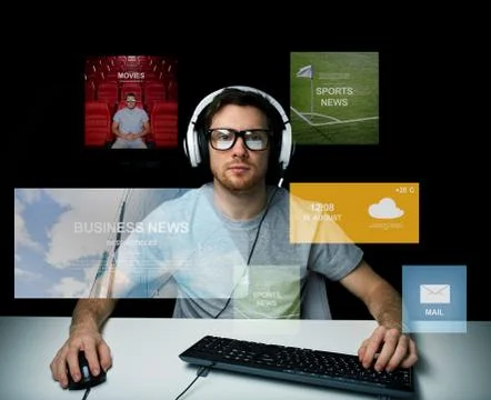 Man in headset computer over virtual media screens Stock Photos