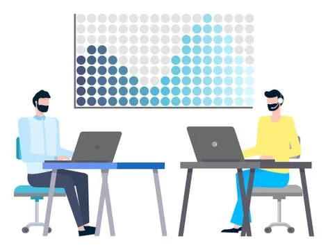 Man in Headset, Consultants Working on Computers Stock Illustration
