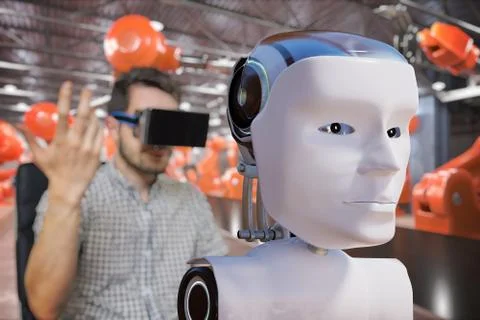 Man with headset is controlling robotic head. Artificial intelligence concept 스톡 사진