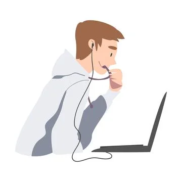 Man in Headset Doing Live Podcasts on his Laptop Computer Cartoon Style Vector Stock Illustration