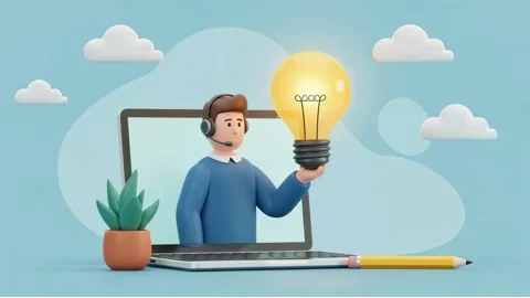 Man with headset holding a light bulb coming out of a laptop Stock Footage 317949847