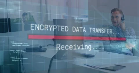 Man with headset receiving encrypted data in tech office, HUD overlay filling Stock Footage 333901456