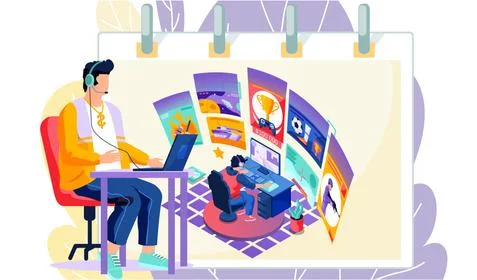 Man with headset watching the professional e-sport gamer live streaming online Stock Illustration