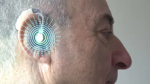 Man with hearing aid listens. visualization of sounds using computer graphics Stock Footage 330692673