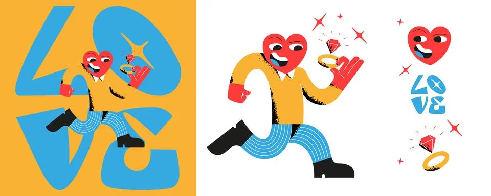 Man with heart instead of head is running Stock Illustration