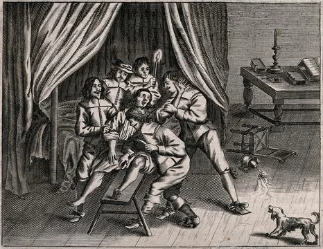 A man is held down by four men in a bedchamber while a man castrates him wi.. Stock Illustration