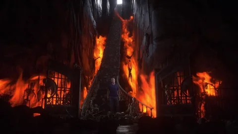 Man in hell. Sinner. A lonely sinfull man stands in front of a hell gates. Stock Footage 328547698