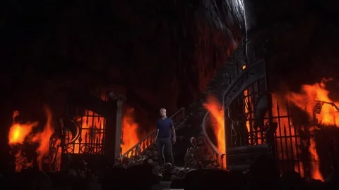 Man in hell. Sinner. A lonely sinfull man stands in front of a hell gates. Stock Footage 328547722