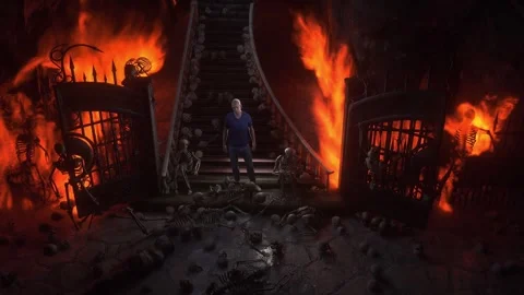 Man in hell. Sinner. A lonely sinfull man stands in front of a hell gates. Stock Footage 328547725