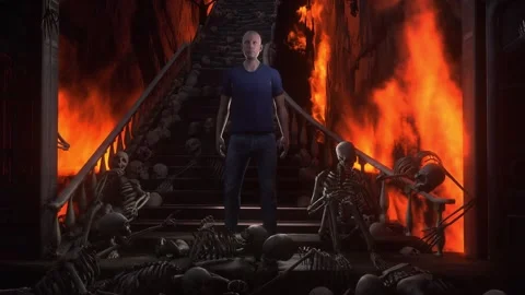 Man in hell. Sinner. A lonely sinfull man stands in front of a hell gates. Stock Footage 328547744