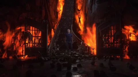 Man in hell. Sinner. A lonely sinfull man stands in front of a hell gates. Stock Footage 328547791