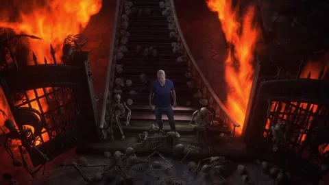 Man in hell. Sinner. A lonely sinfull man stands in front of a hell gates. Stock Footage 328547809