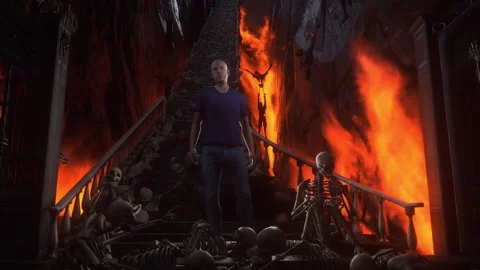 Man in hell. Sinner. A lonely sinfull man stands in front of a hell gates. Stock Footage 328547827