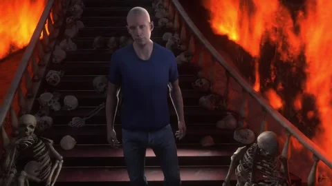 Man in hell. Sinner. A lonely sinfull man stands in front of a hell gates. Stock Footage 328547835