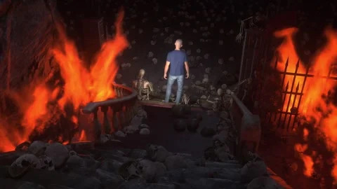 Man in hell. Sinner. A lonely sinfull man stands in front of a hell gates. Stock Footage 328547857