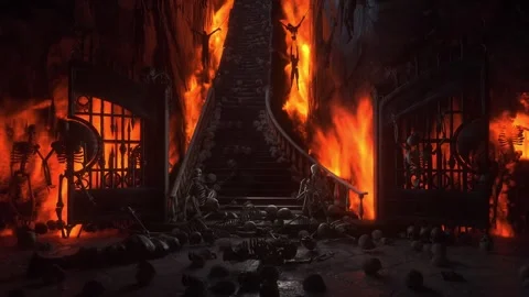 Man in hell. Sinner. A lonely sinfull man stands in front of a hell gates. Stock Footage 328548009