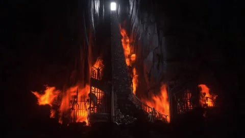 Man in hell. Sinner. A lonely sinfull man stands in front of a hell gates. Stock Footage 328548031