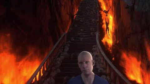 Man in hell. Sinner. A lonely sinfull man stands in front of a hell gates. Stock Footage 328548057