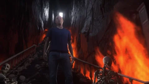 Man in hell. Sinner. A lonely sinfull man stands in front of a hell gates. Stock Footage 328548061