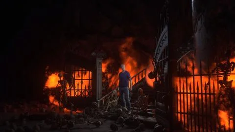 Man in hell. Sinner. A lonely sinfull man stands in front of a hell gates. Hell Stock Illustration