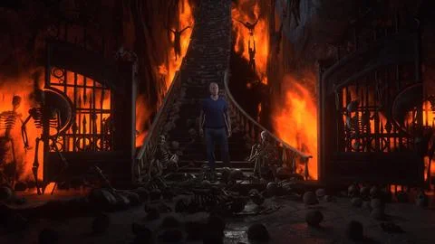 Man in hell. Sinner. A lonely sinfull man stands in front of a hell gates. Hell Stock Illustration