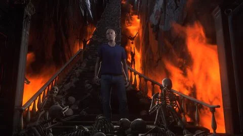 Man in hell. Sinner. A lonely sinfull man stands in front of a hell gates. Hell Stock Illustration