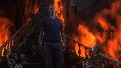 Man in hell. Sinner. A lonely sinfull man stands in front of a hell gates. Hell Illustration