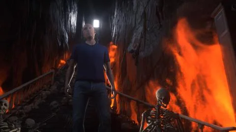 Man in hell. Sinner. A lonely sinfull man stands in front of a hell gates. Hell Stock Illustration