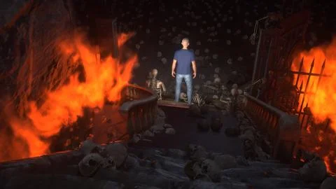 Man in hell. Sinner. A lonely sinfull man stands in front of a hell gates. Hell Stock Illustration