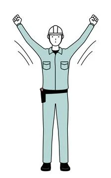 Man in helmet and workwear doing radio calisthenics, preparation for accide.. Stock Illustration