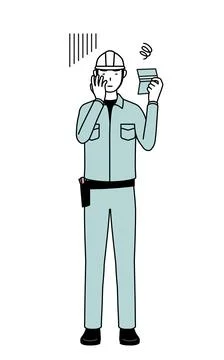 Man in helmet and workwear looking at his bankbook and feeling depressed. Stock Illustration