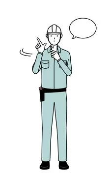 Man in helmet and workwear operating a smartphone. Stock Illustration
