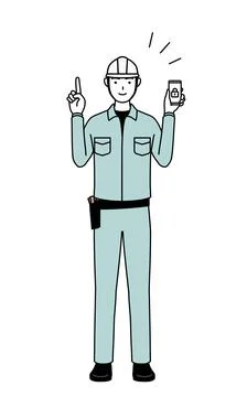 Man in helmet and workwear taking security measures for his phone. Stock Illustration