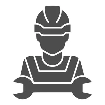 Man in helmet and wrench solid icon, repair concept, worker with tool sign on イラスト素材