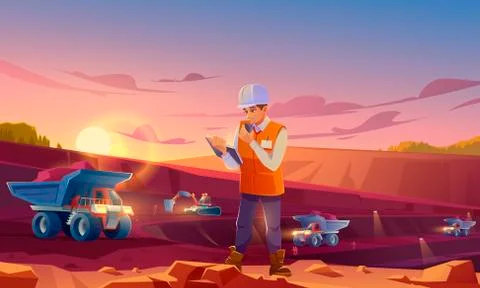 Man in helmet working on mining quarry Illustrazione stock