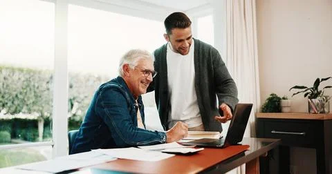 Man, help and senior dad with laptop in home for finance loan, pension Stock Photos