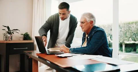 Man, help and senior dad with laptop in house for finance loan, pension Stock Photos