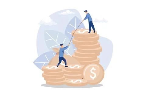 Man helping another climb to the top of coins, investment management, caree.. Illustrazione stock