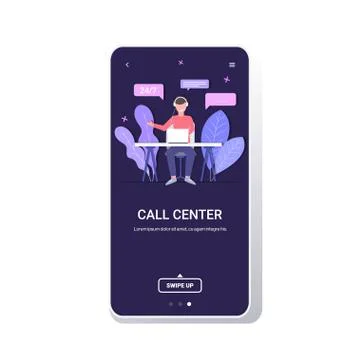 Man helpline operator with headset sitting at workplace technical client supp Stock Illustration