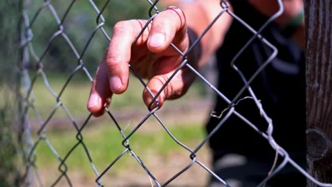 Man on hes knees holding the wired fence Stock Footage 344040982