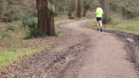 Man In Hi Viz Jogging Through Forest Video stock 102635146