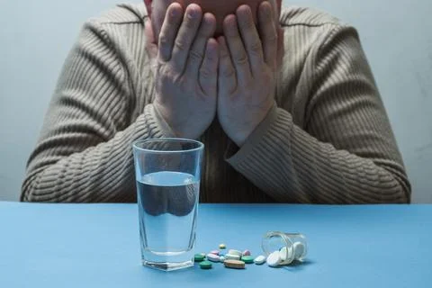 A man hides his face in front of him with medicine and a glass of water. Stock Photos