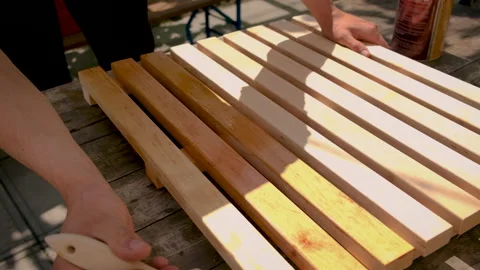 The man hides the tree with varnish. Selective focus. Stock Footage 155791034