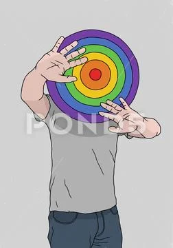 Man hiding behind rainbow dart board Stock Illustration