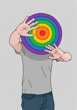 Man hiding behind rainbow dart board Stock Illustration