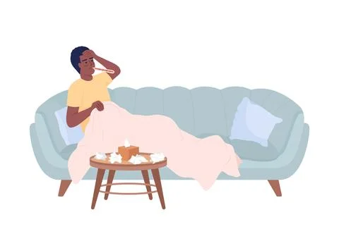 Man with high temperature resting on sofa semi flat color vector character Stock Illustration