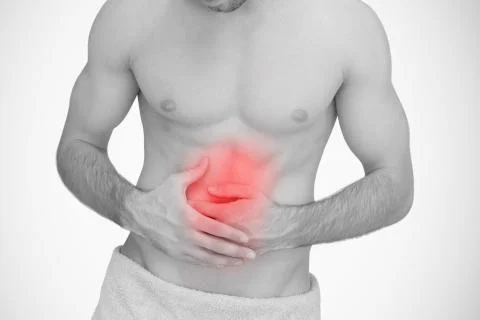 Man with highlighted red stomach ache Stock Photos