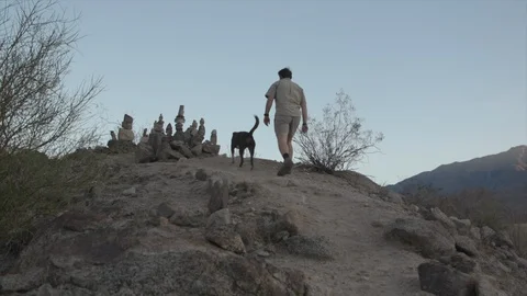 Man on Hike with Dog Looks at Stacked Rocks Stock Footage