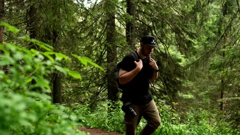 Man hiker with backpack walking by trail road in ukraine carpathian forest Stock Footage 221552294