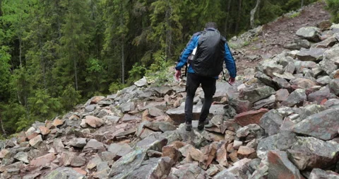 A man is a hiker on a hike in a mountain forest walking on rocky Stock Footage 243744935